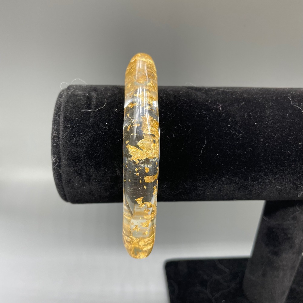 Vintage Gold Leaf Flake Clear Resin Hexagon Bangle Bracelet Geometric Chunky